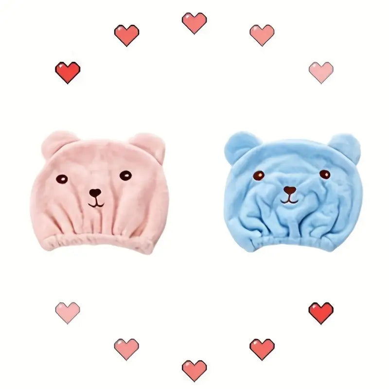 Bonnets Séchage Rapide en Microfibre Forme Ours – Ultra Doux pour Enfants et Adultes – Lot de 2 (Rose & Bleu)