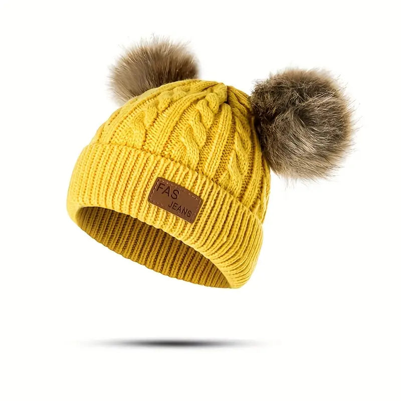 Bonnet Tricot Bébé Fille avec Pompons Fourrure – Chapeaux et Casquettes Enfant Hiver Chaud & Doux