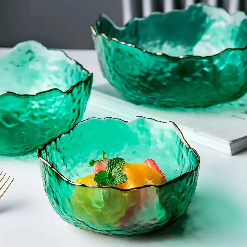 Set de Bols en Verre – Design Martelé avec Bord Doré pour Salades, Fruits et Desserts