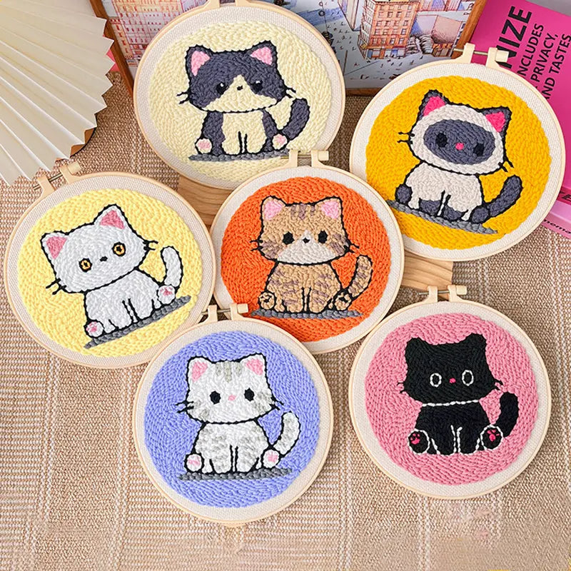 Broderie Punch Needle Chat Gris – Kit DIY en Laine pour Déco Murale Moderne