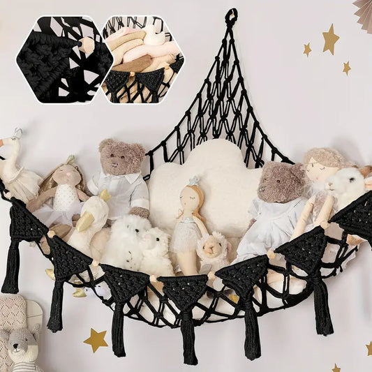 Filet de rangement mural en macramé – Décoration chambre bébé bohème pour peluches et jouets