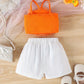 Hauts fille élégants – Top orange à fleur 3D avec short blanc chic d’été