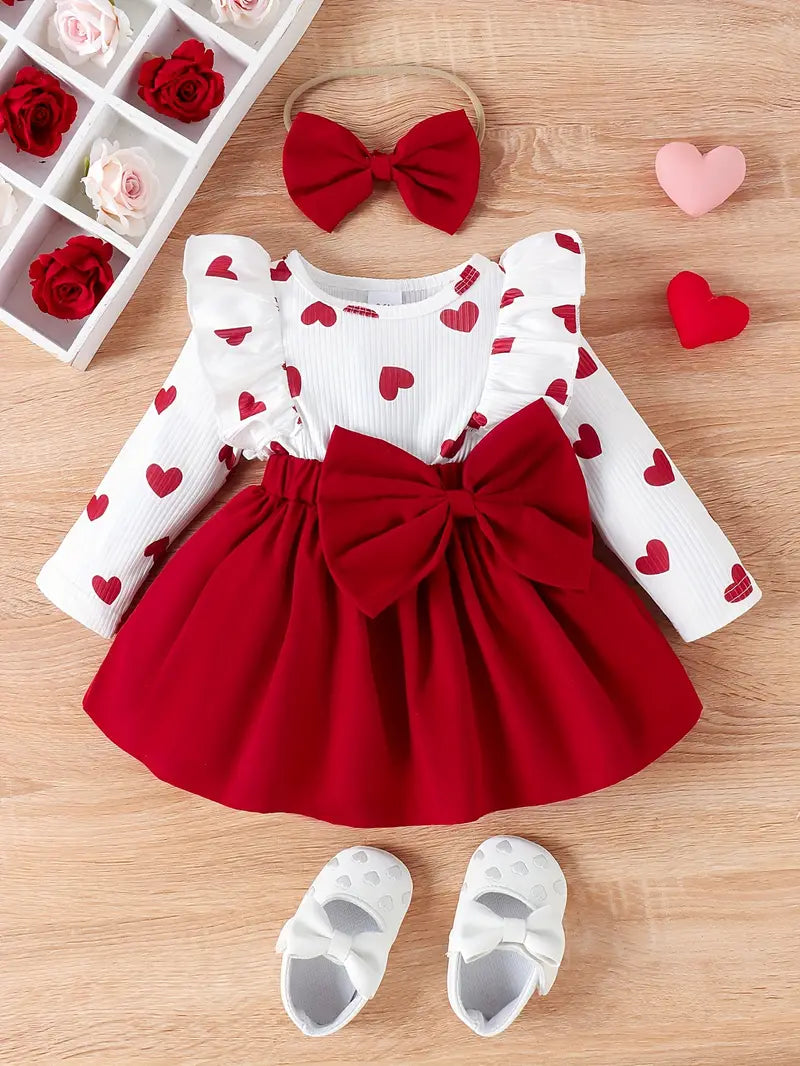Robe Bébé Fille Blanche à Cœurs Rouges avec Grand Nœud – Tenue Mignonne et Élégante