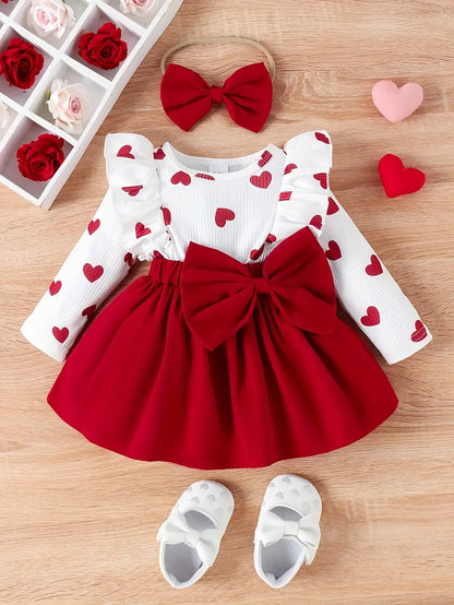 Robe Bébé Fille Blanche à Cœurs Rouges avec Grand Nœud – Tenue Mignonne et Élégante