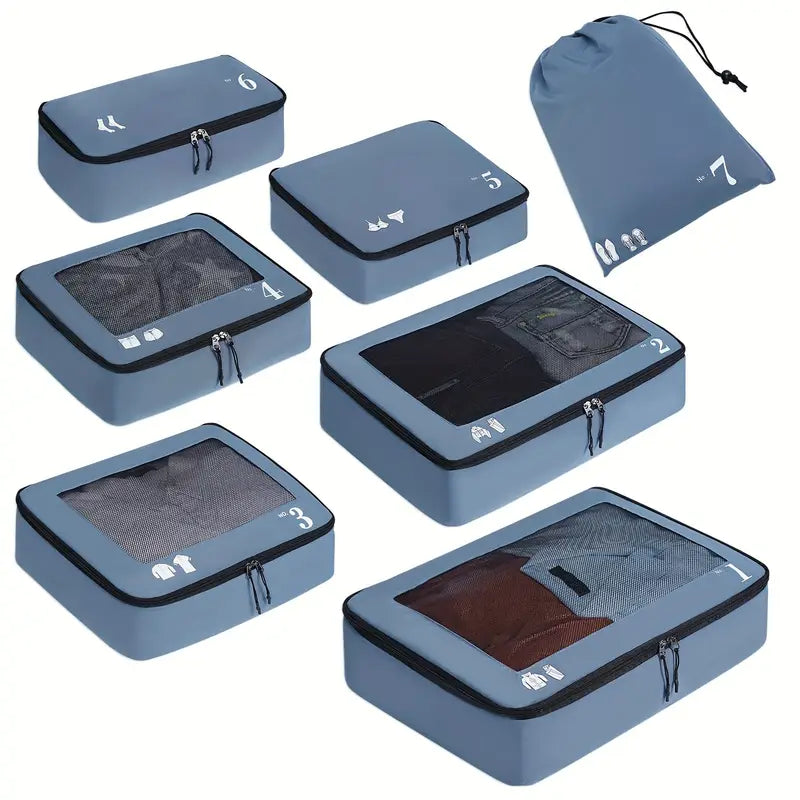 Set de 7 Organisateurs de Valise – Pochettes de Rangement Voyage Étanches pour Vêtements, Chaussures et Accessoires