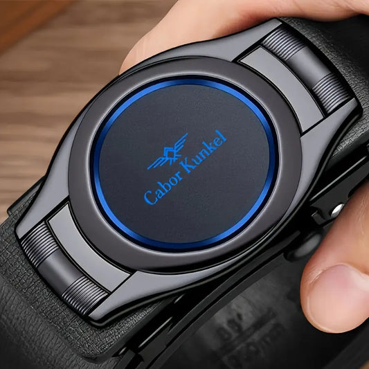 Ceinture homme en cuir avec boucle automatique ronde noire et bleue – Élégance moderne et confort