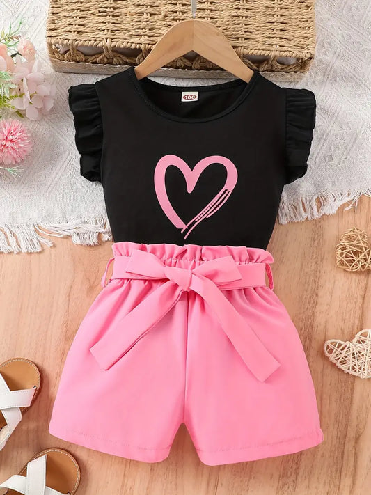 Ensemble fille été 2 pièces – T-shirt noir à volants et short rose