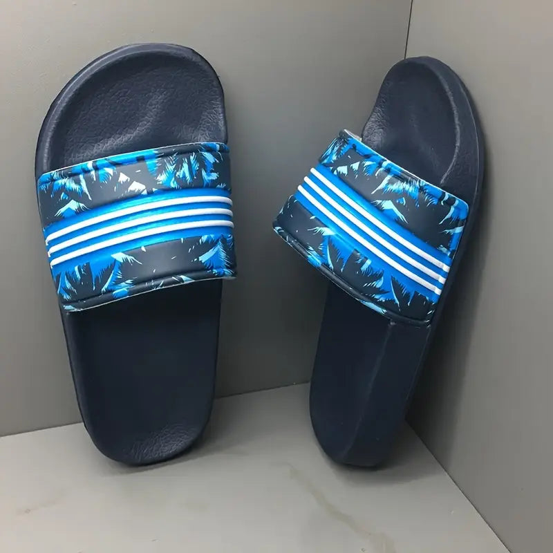 Sandales et pantoufles garçon – Claquettes de plage bleu marine avec imprimé palmiers et bandes blanches