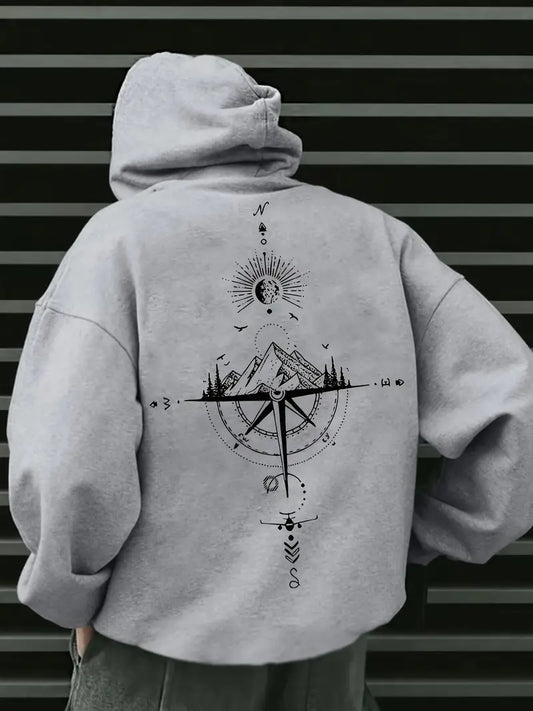 Sweat à capuche homme – Hoodie gris sport avec imprimé boussole & montagne – Style streetwear et confort