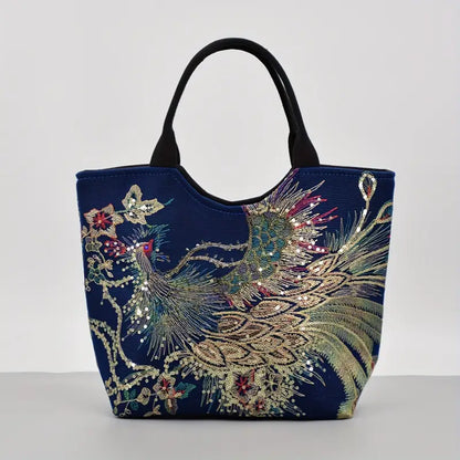 Sac Porté Épaule Femme Brodé Motif Paon Doré sur Fond Bleu – Élégant et Original