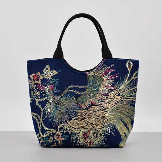 Sac Porté Épaule Femme Brodé Motif Paon Doré sur Fond Bleu – Élégant et Original