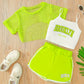 Hauts fille tendance – Ensemble crop top Brooklyn et short vert fluo avec t-shirt résille
