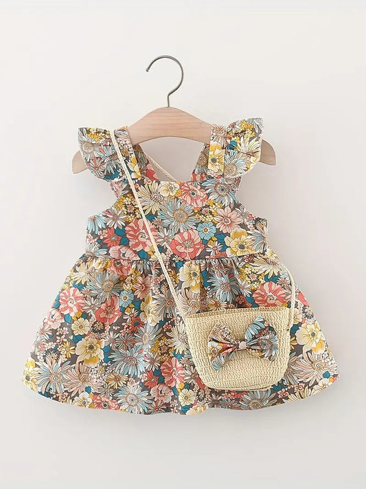 Robe bébé fille fleurie – Cadeau naissance été sans manches avec bretelles croisées