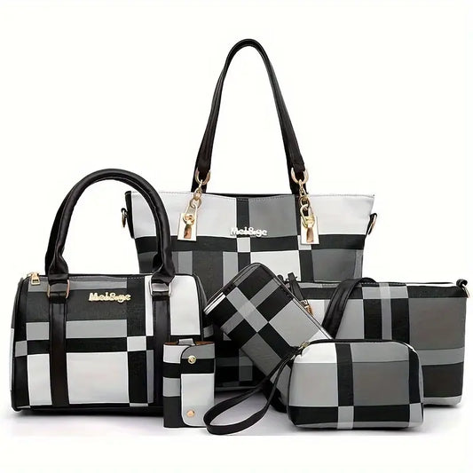 Ensemble de mallettes et sacs à main femme  5 pièces assorties à motifs carreaux, élégance et grande capacité
