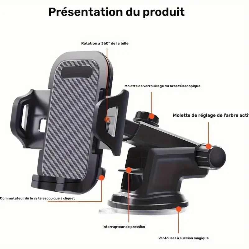 Support Téléphone Voiture Universel – Fixation Pare-Brise et Tableau de Bord avec Ventouse Puissante