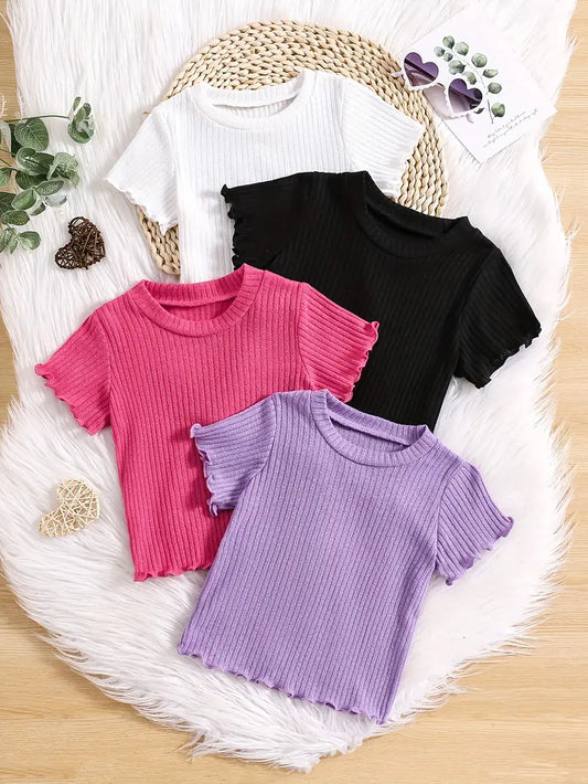 T-shirt Fille Côtelé Manches Courtes – Hauts Enfant Confortables et Tendance en Lot Multicolore