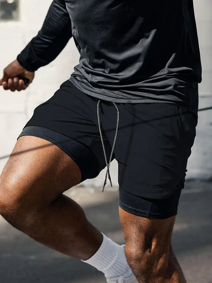 Short de sport homme 2 en 1, coloris Noir