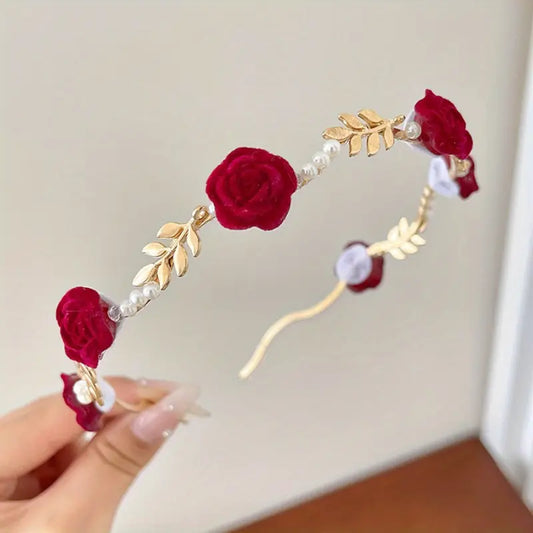 Couronne de mariage fleurie femme – Accessoire cheveux perles et roses rouges élégant