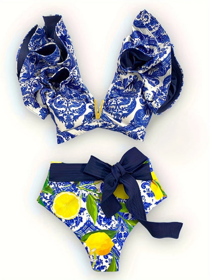 Bikini à volants – Haut élégant avec décolleté doré et culotte nouée avec grand nœud