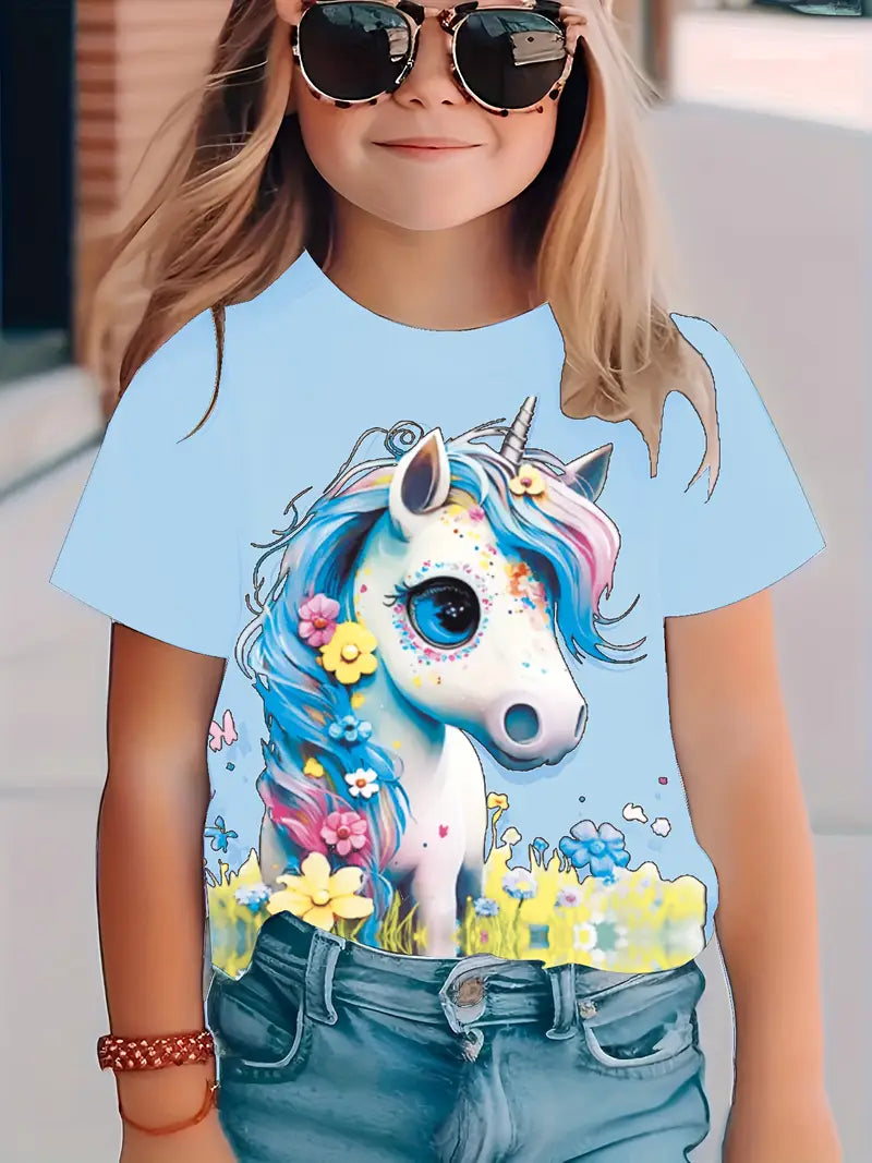 T-shirt Fille Licorne Colorée – Haut Enfant Manches Courtes Imprimé Fantaisie et Tendance