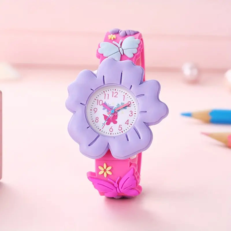 Montre Enfant Fille Fleur Violette et Papillon – Bracelet Silicone Rose, Apprentissage de l’Heure
