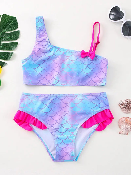 Maillot de bain fille deux pièces sirène – Bikini écailles multicolores avec volants roses