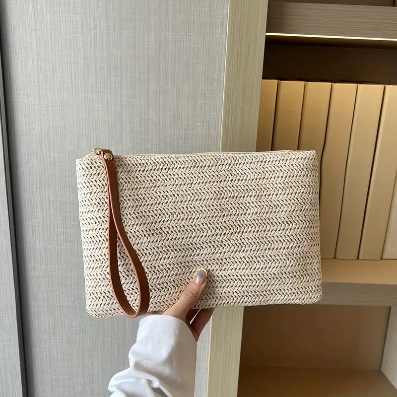 Pochette en paille tressée femme – Sac de soirée bohème chic avec dragonne