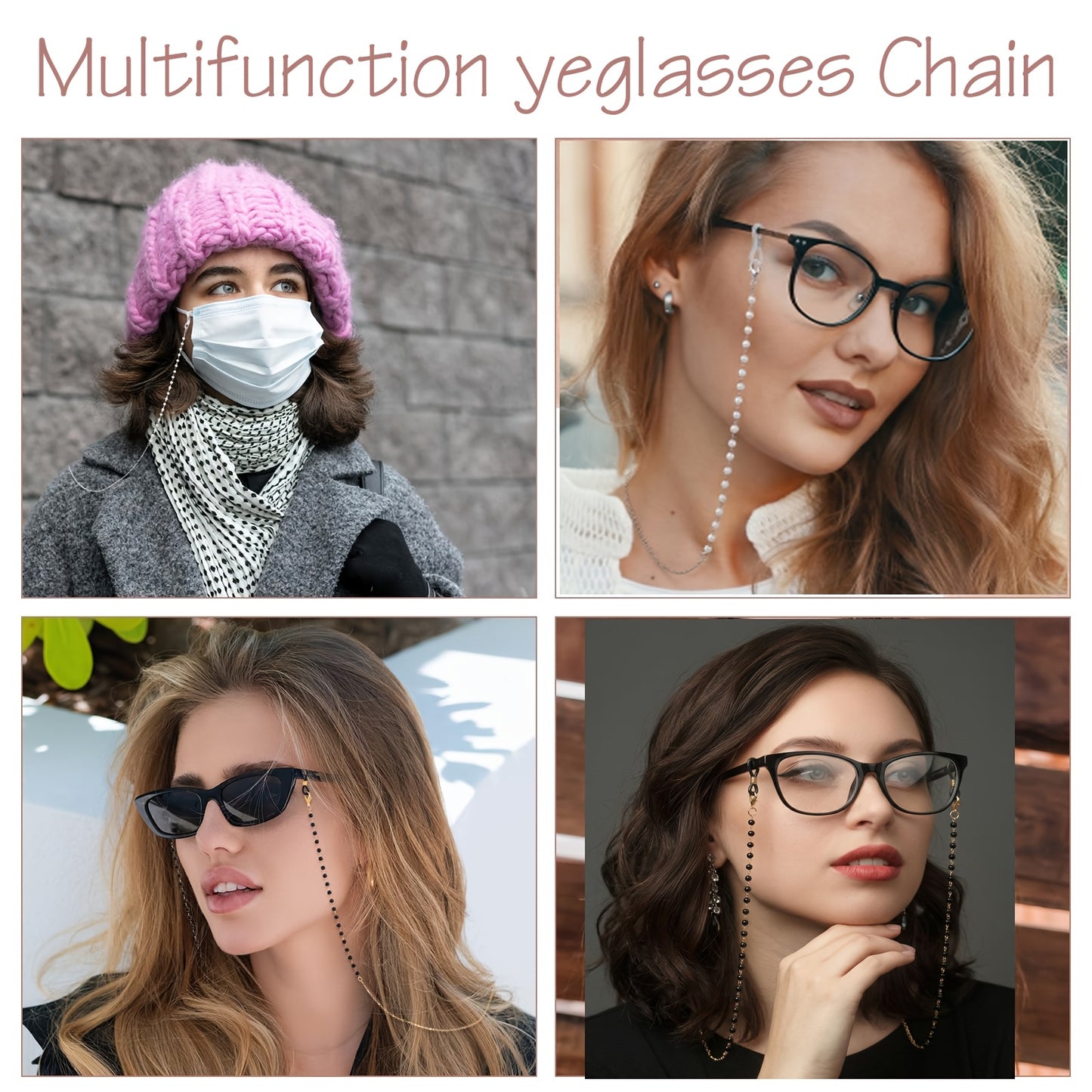 4pcs Chaînes de Lunettes Perle pour Femmes Dorées Argentées de Chaîne