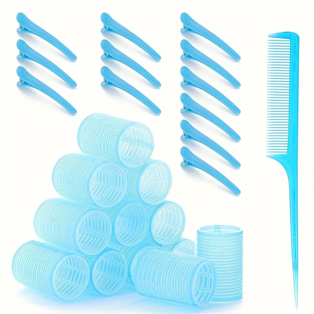 Kit Bigoudis Auto-Agrippants – 12 Rouleaux Volume + 12 Pinces + Peigne à Queue