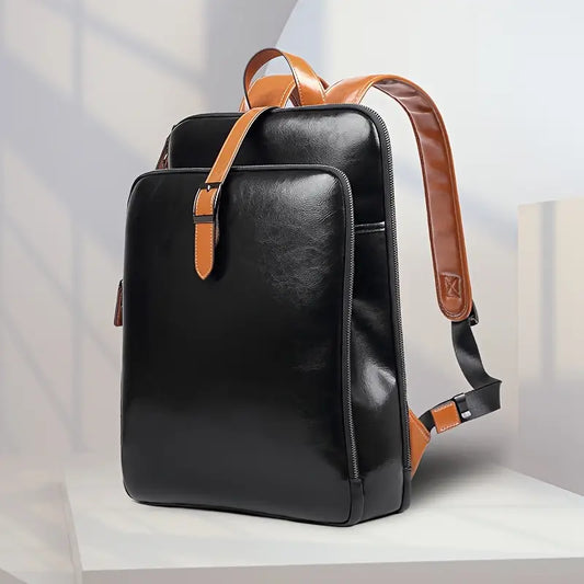 Sac à dos homme en cuir noir élégant – Design professionnel avec bretelles contrastées marron