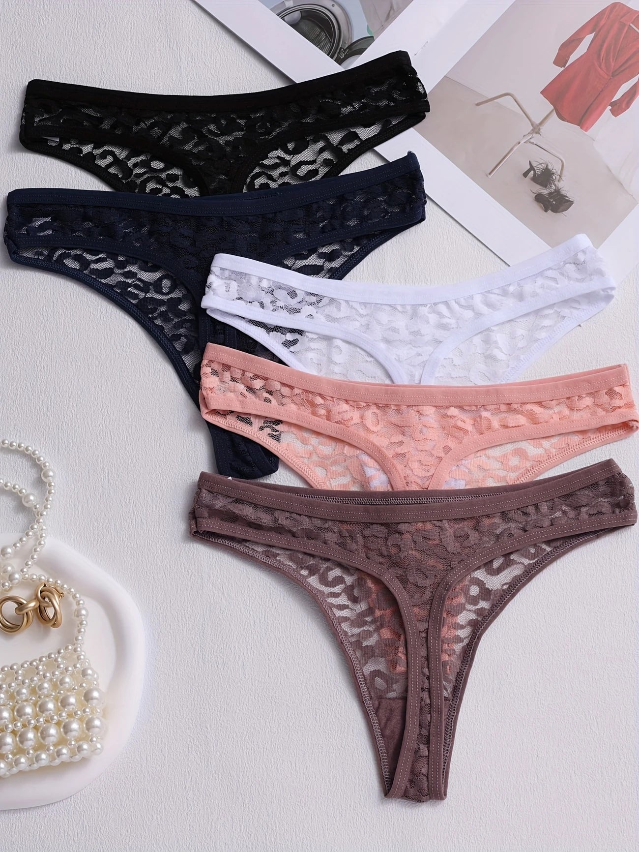 Lot de Strings Sexy Femme en Dentelle Transparente – Lingerie Fine Confortable, Motif Léopard Discret