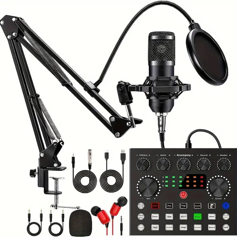 Kit Microphone Studio avec Carte Son V8 – Bras Articulé, Filtre Anti-Pop & Accessoires Inclus
