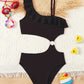 Maillot de bain fille noir une pièce asymétrique avec volant – Élégant et tendance pour l’été