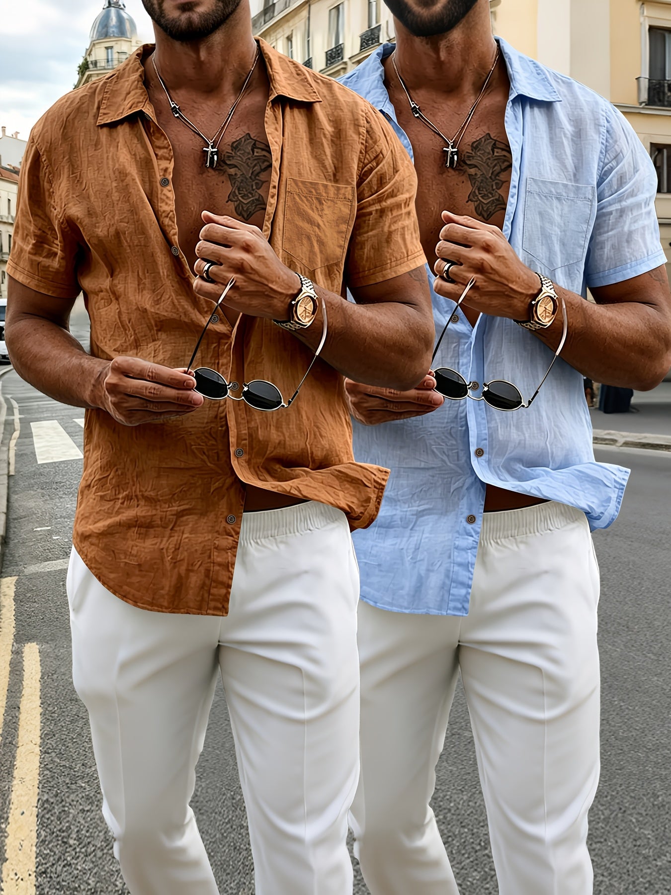 Lot de 2 chemises Henley à manches courtes en lin pour homme