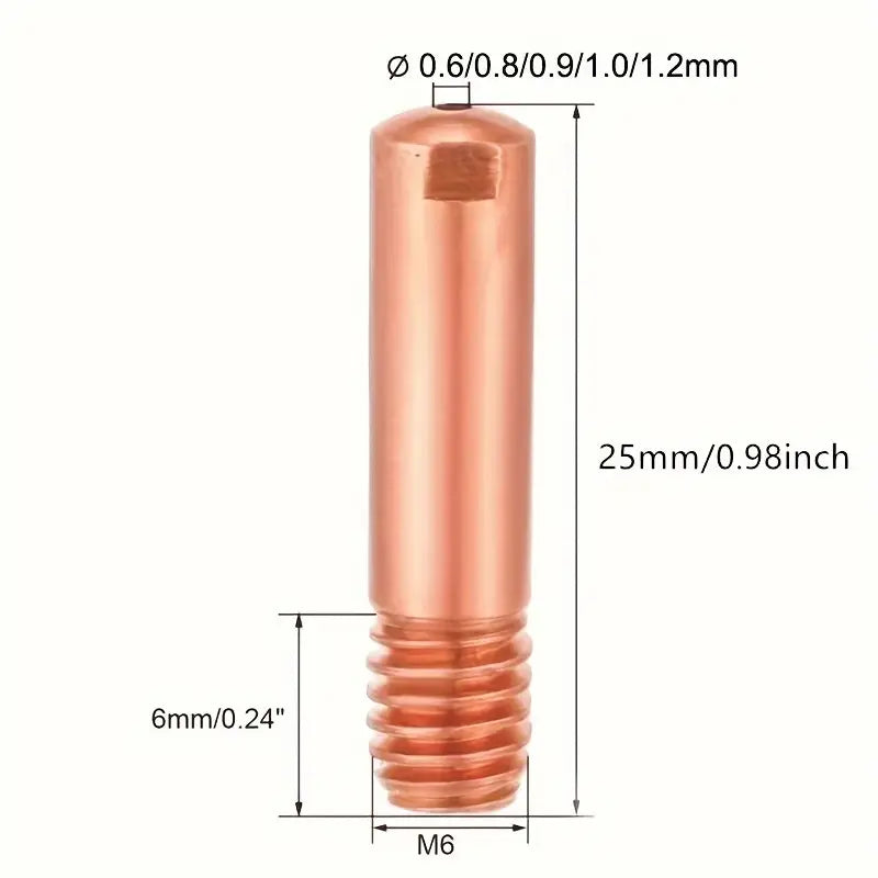Buse de contact en cuivre M6 pour poste MIG – Compatible Ø 0.6 à 1.2 mm, longueur 25 mm