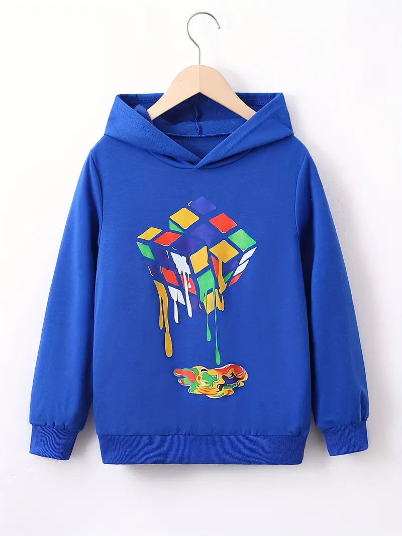 Sweat à capuche garçon bleu – Haut tendance avec imprimé Rubik’s Cube coloré, confortable et stylé