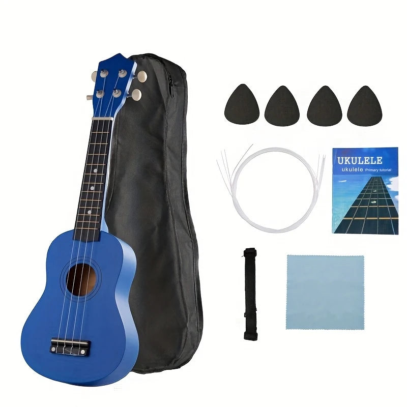 Ukulélé Soprano 21" avec Housse, Cordes, Médiators et Guide – Kit Complet pour Débutants