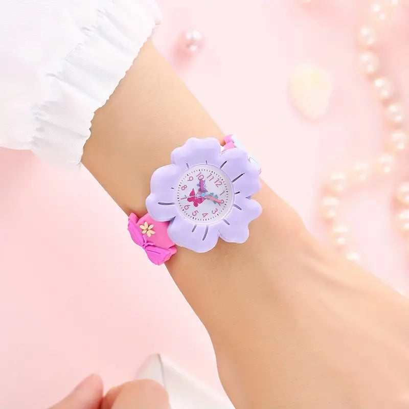 Montre Enfant Fille Fleur Violette et Papillon – Bracelet Silicone Rose, Apprentissage de l’Heure