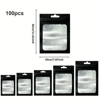 Lot de 100 Sacs Zip Transparente avec Fenêtre – Sachets Refermables Noir Mat 20x30cm pour Emballage et Expédition