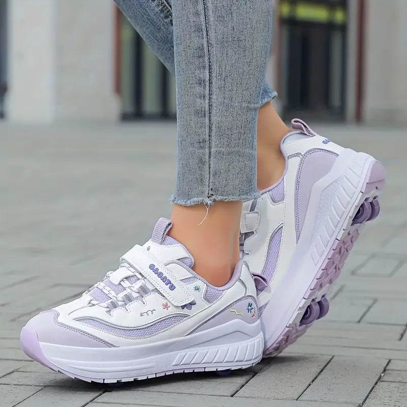 Chaussures de sport fille – Baskets à roulettes violettes et blanches avec motifs fleuris tendance
