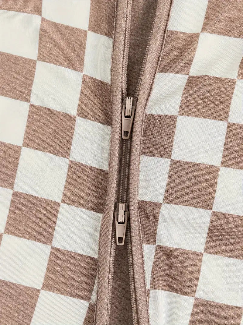 Body Bébé Manche Longue en Coton – Grenouillère à Carreaux Beige et Blanc avec Fermeture Éclair