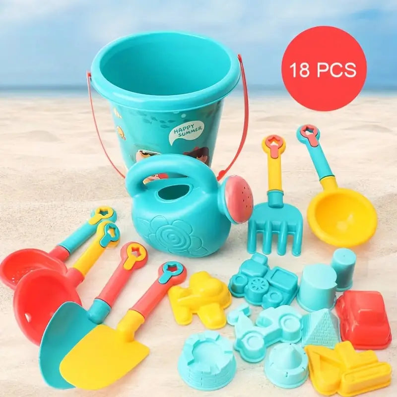 Set de plage 18 pièces avec seau, pelle, râteau et arrosoir – Jouets d’eau et sable pour enfants