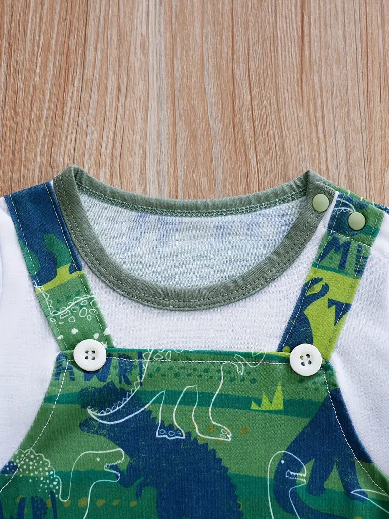 Body Bébé Salopette Dinosaure avec T-Shirt Blanc – Ensemble Été Confortable et Original
