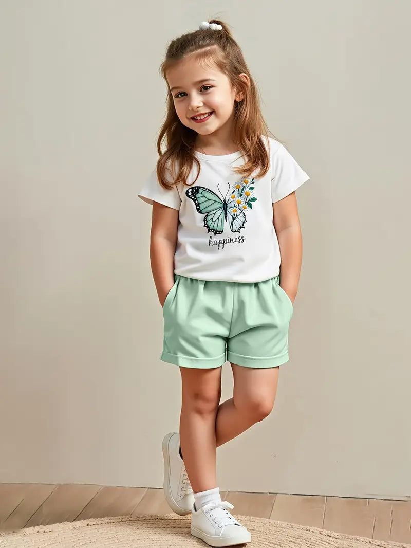 T-shirt Fille Papillon Imprimé – Haut Enfant Manches Courtes Confortable et Tendance Été