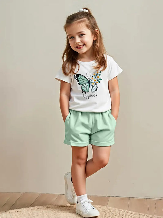 T-shirt Fille Papillon Imprimé – Haut Enfant Manches Courtes Confortable et Tendance Été
