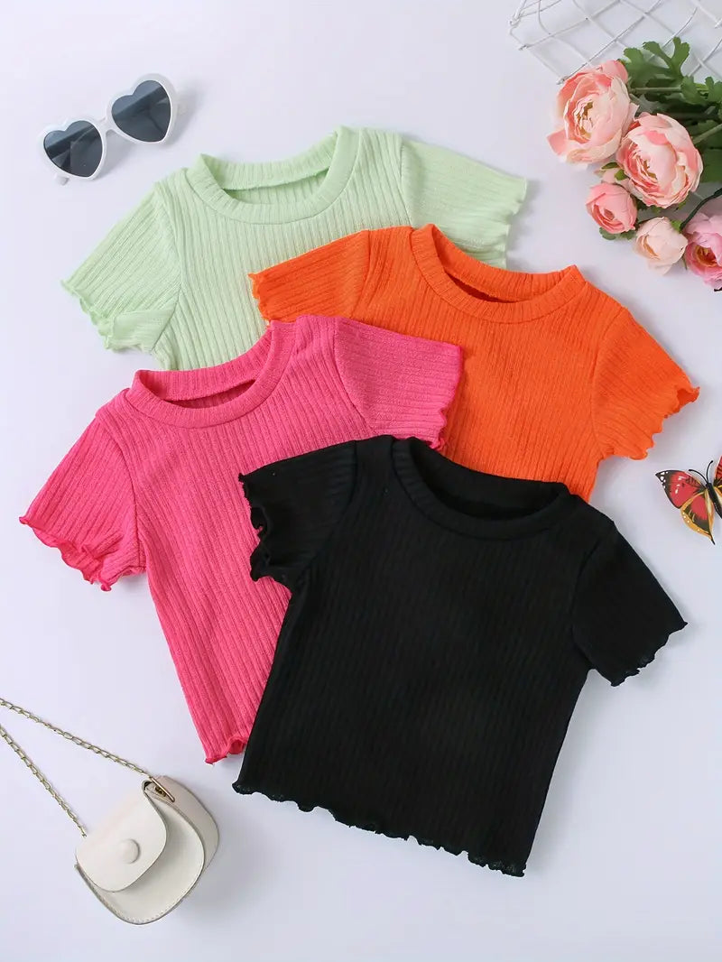 T-shirt Fille Côtelé Manches Courtes – Hauts Enfant Confortables et Tendance en Lot Multicolore