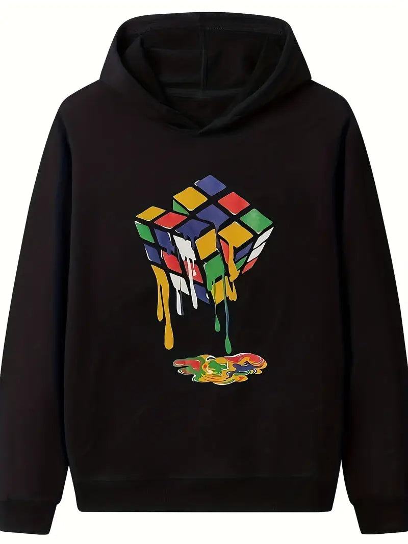 Sweat à capuche garçon bleu – Haut tendance avec imprimé Rubik’s Cube coloré, confortable et stylé