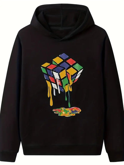 Sweat à capuche garçon bleu – Haut tendance avec imprimé Rubik’s Cube coloré, confortable et stylé