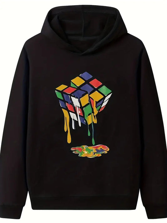Sweat à capuche garçon bleu – Haut tendance avec imprimé Rubik’s Cube coloré, confortable et stylé