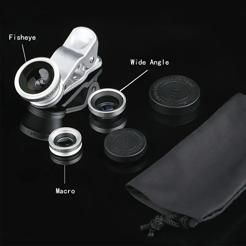 Kit Objectif Smartphone 3 en 1 avec Clip – Lentilles Grand Angle, Macro et Fisheye avec Pochette de Transport